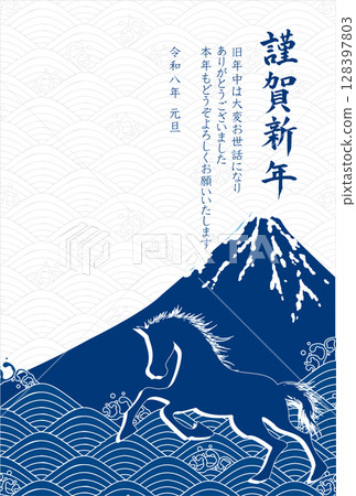 馬新年賀卡富士山背景 馬新年賀卡富士山背景 128397803
