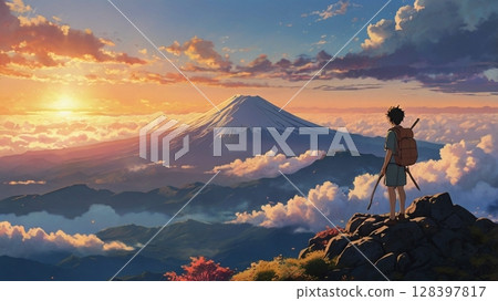 從富士山頂欣賞神聖的日出和天空中廣闊的雲海的壯麗景色 128397817