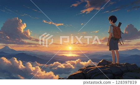 從富士山頂欣賞神聖的日出和天空中廣闊的雲海的壯麗景色 128397819
