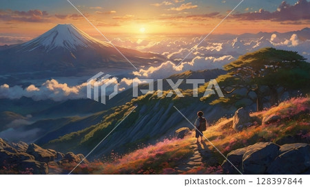 The magnificent view of the divine sunrise and sea of clouds spreading across the sky from the summit of Mt. Fuji 128397844