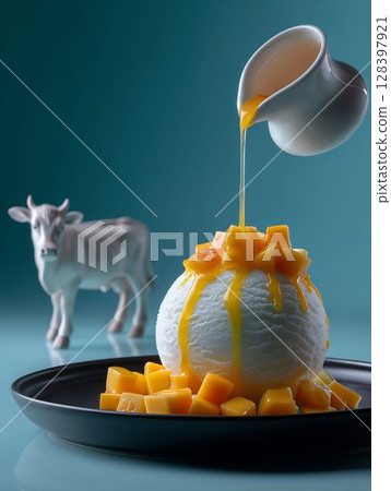 Creamy Ice Cream Delight, Topped with Sweet Mango Cubes and Sauce 128397921