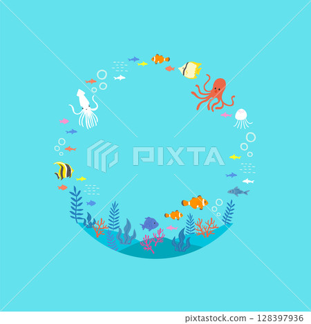 彩色水下插畫框架 128397936