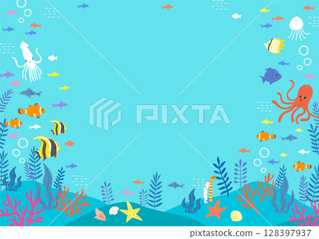 彩色水下插畫框架 128397937