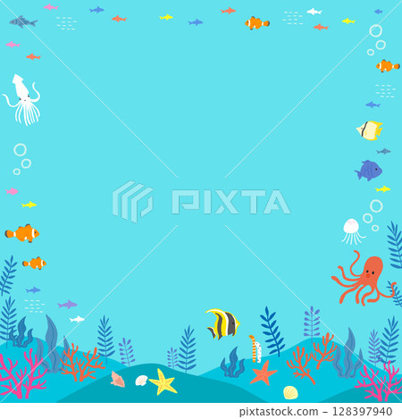 Colorful underwater illustration frame 128397940
