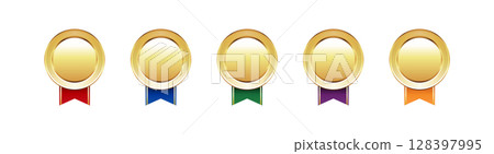 一組金牌，帶有 5 種顏色的絲帶（紅色、藍色、綠色、紫色、橙色）/獎項、獎品、圖標材料 128397995