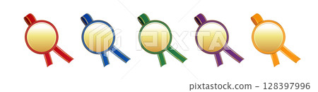 一組金牌，帶有 5 種顏色的絲帶（紅色、藍色、綠色、紫色、橙色）/獎項、獎品、圖標材料 128397996