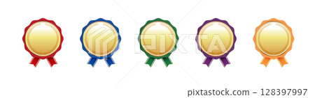 一組金牌，帶有 5 種顏色的絲帶（紅色、藍色、綠色、紫色、橙色）/獎項、獎品、圖標材料 128397997