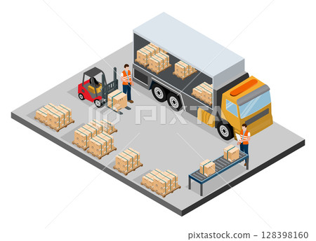 Warehouse Logistic with Workers loading products on the trucks and forklift loading pallets with cardboard boxes. 128398160
