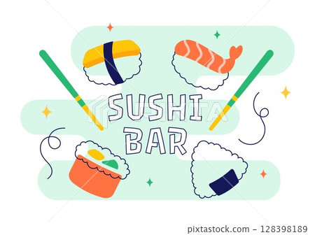 Sushi Bar Vector Illustration Featuring Japanese Asian Food or Restaurant with Sashimi and Rice Served with Soy Sauce and Wasabi in a Flat Background 128398189