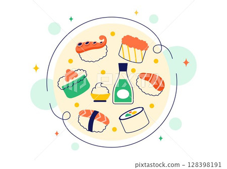 Sushi Bar Vector Illustration Featuring Japanese Asian Food or Restaurant with Sashimi and Rice Served with Soy Sauce and Wasabi in a Flat Background 128398191