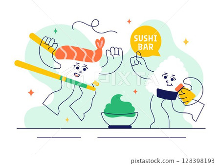 Sushi Bar Vector Illustration Featuring Japanese Asian Food or Restaurant with Sashimi and Rice Served with Soy Sauce and Wasabi in a Flat Background Sushi Bar Vector Illustration Featuring Japanese Asian Food or Restaurant with Sashimi and Rice Served with Soy Sauce and Wasabi in a Flat Background 128398193