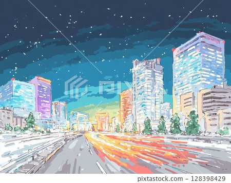 Neon city background illustration, city night view, thumbnail, Youtube, blog, material, unmanned 128398429