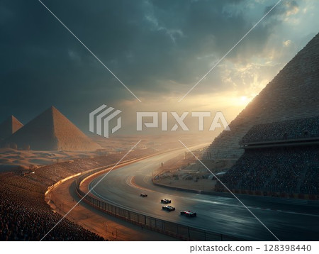 Thrilling Race Beneath Ancient Pyramids, Sunset Glow 128398440