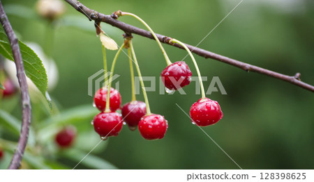 Bright red cherries with water droplets hanging on a branch, a delightful summer image. 128398625