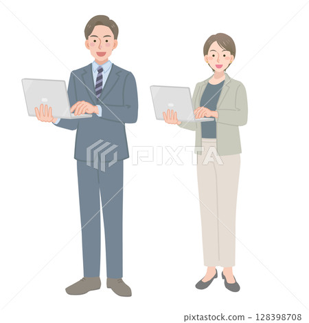西裝革履的男人和女人拿著電腦 128398708