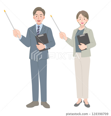 Men and women in suits holding pointers 128398709