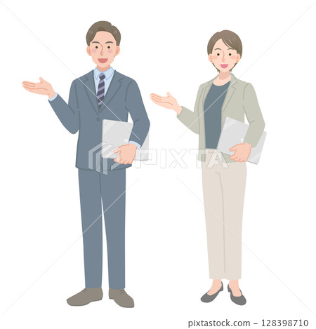 西裝革履的男人和女人拿著電腦 128398710