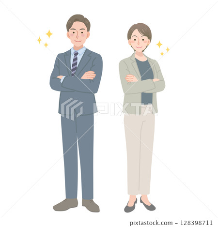 穿著西裝、雙臂交叉的男士和女士 穿著西裝、雙臂交叉的男士和女士 128398711