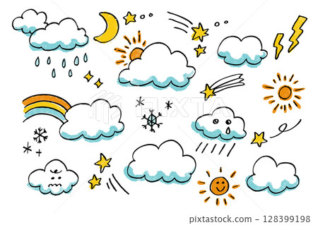 A collection of colorful hand-drawn sky icons and illustrations drawn with crayon strokes 128399198