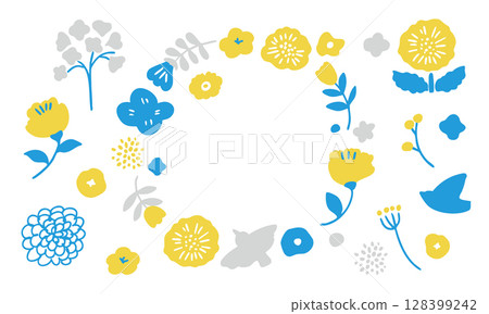 一組斯堪的納維亞風格植物花卉插圖。斯堪的納維亞風格的夏日花卉框架。可愛的花卉背景。 128399242