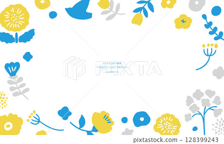 一組斯堪的納維亞風格植物花卉插圖。斯堪的納維亞風格的夏日花卉框架。可愛的花卉背景。 128399243
