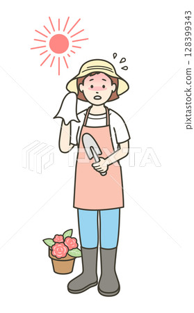 一位年輕女子在夏天做園藝時中暑的插圖 128399343