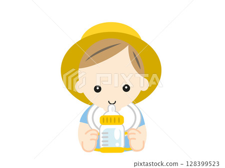 Baby wearing a hat drinking water 128399523