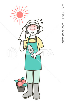 一位年輕女子在夏天做園藝時中暑的插圖 128399575