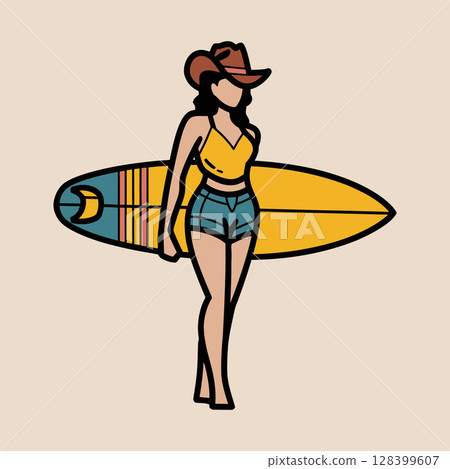 Cowgirl Surfer with Surfboard Illustration Cowgirl Surfer with Surfboard Illustration 128399607