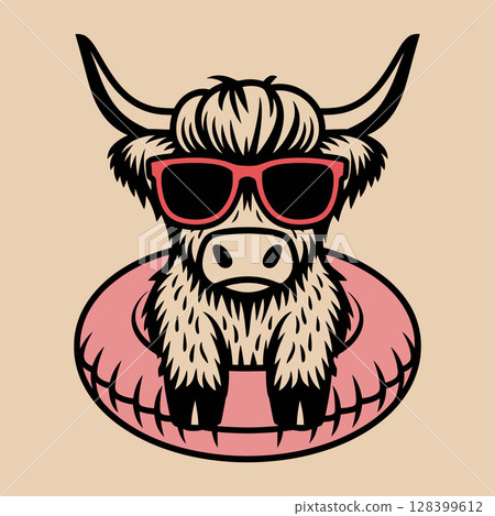Highland Cow with Sunglasses and Swim Ring Cartoon Illustration 128399612