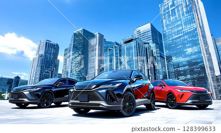 Futuristic SUVs and urban skyscrapers Futuristic SUVs and urban skyscrapers 128399633