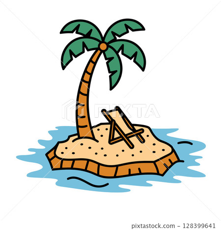 Tropical Island with Palm Tree and Beach Chair Illustration 128399641