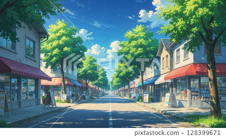 Landscape illustration of a deserted residential intersection in summer 128399671