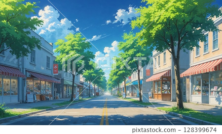 Illustration of a summer street with a bicycle parked and in the shade of a tree 128399674