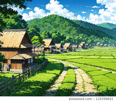 綠光交會的清爽夏日街景插畫 128399681