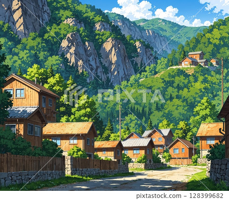 A street corner illustration of a residential area with beautiful shadows on a summer afternoon 128399682