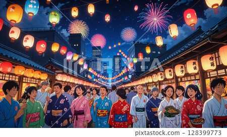 An illustration of a summer festival at night, bustling with people in yukata (the atmosphere can be conveyed even without people) 128399773