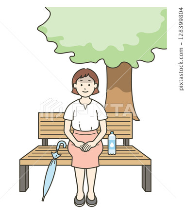 Illustration of a young woman taking a break on a bench in the shade in summer 128399804