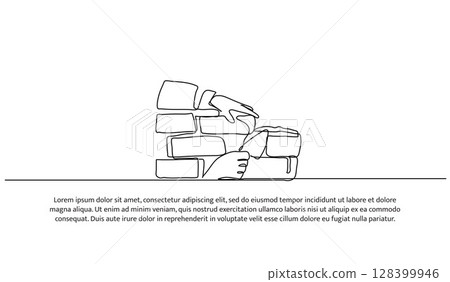 One line continuous building house. Concept of hand arranging bricks. One line continuous building house. Concept of hand arranging bricks. 128399946