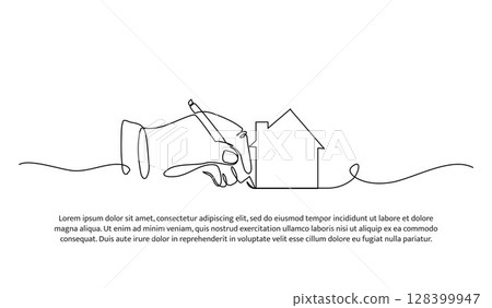 One line of architect drawing a house. Abstract minimal continuous line. 128399947