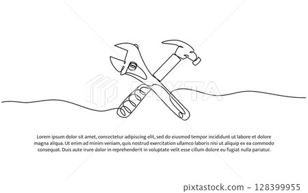 One line of hammer and wrench. Abstract minimal continuous line. One line of hammer and wrench. Abstract minimal continuous line. 128399955