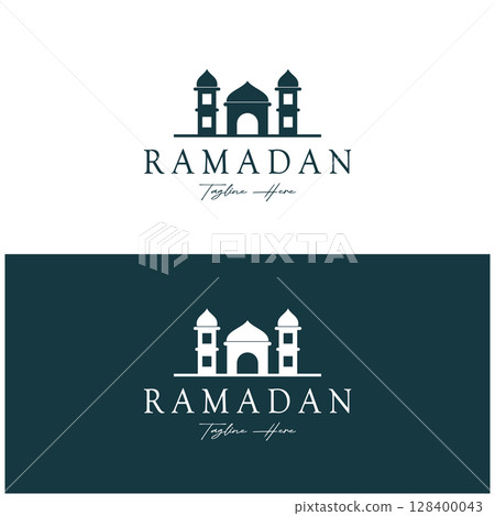 Ramadan Mubarak logo with lantern elements, crescent moon and star mosque building, Islamic calligraphy pattern, for business, architecture, Muslims, Eid, Eid cards, Islamic education 128400043