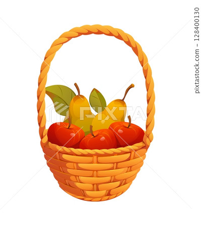 Cartoon woven basket filled with ripe apples and golden pears, complete with green leaves. Vector Happy Thanksgiving holiday symbol emphasizes autumn harvest, and rustic countryside abundance feel 128400130