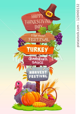 Thanksgiving holiday sign board with autumn harvest on wooden signage, vector signboard. Thanksgiving day sign board and direction arrows to harvest festival with turkey and autumn leaves and pumpkin 128400132