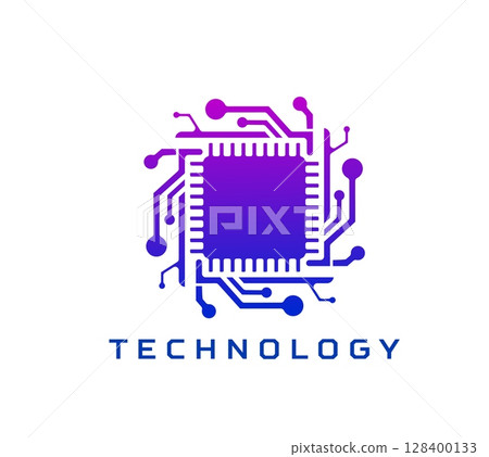 Technology icon for AI tech, computer chip or chipset for digital app, vector sign. Computer chip icon for internet technology, artificial intelligence AI application button and digital assistant bot 128400133