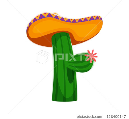Day of the Dead font cactus with sombrero letter F. Hispanic ritual holiday typeset vector letter, death festival type symbol. Latin America Day of the Dead celebration typeface sign or element 128400147