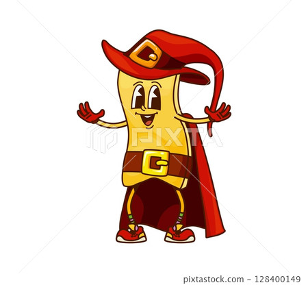 Cartoon groovy Halloween pasta wizard character with funny face, vector sorcerer. Halloween holiday pasta character in witch hat and magician mantle or mage cape with happy smile in retro cartoon 128400149