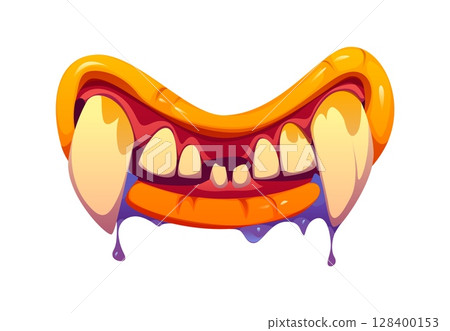 Halloween scary monster drool jaw with sharp fangs. Vampire or ghoul monster isolated vector maw, Halloween beast ugly mouth with sharp fangs and dripping saliva. Horror creepy creature roaring maw 128400153