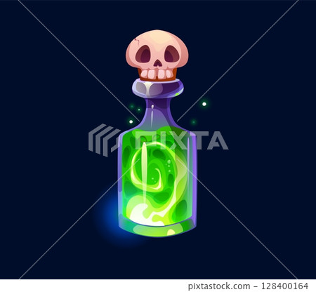 Witch magic potion bottle, Halloween elixir or poison with death elixir. Cartoon vector magic glass flask glows with an eerie green liquid, casting a magical aura and skull cap adds danger and mystery 128400164