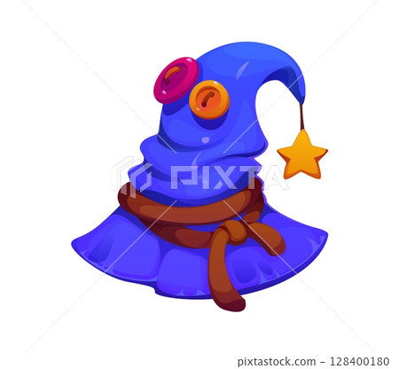 Witch hat or wizard cap for Halloween holiday with stars and buttons, cartoon vector. Witch hat or cone cap for Halloween horror night and trick or treat party, hag witch or warlock sorcerer magic hat 128400180